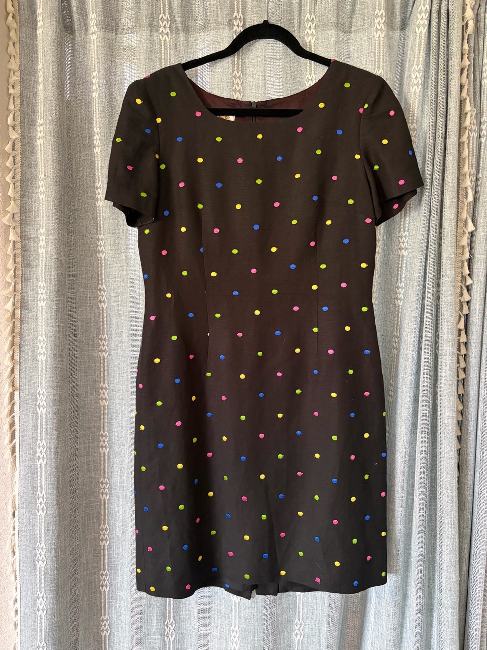 Talbots Black knee length Dress w Multicolor embroidered Polka Dots